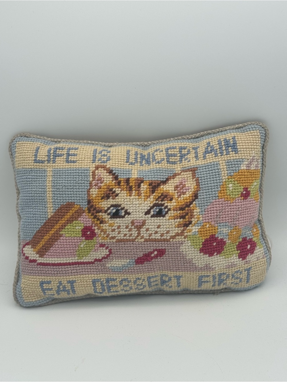 Life Is Uncertain eat dessert first Cat small Needlepoint Accent Pillow cottage